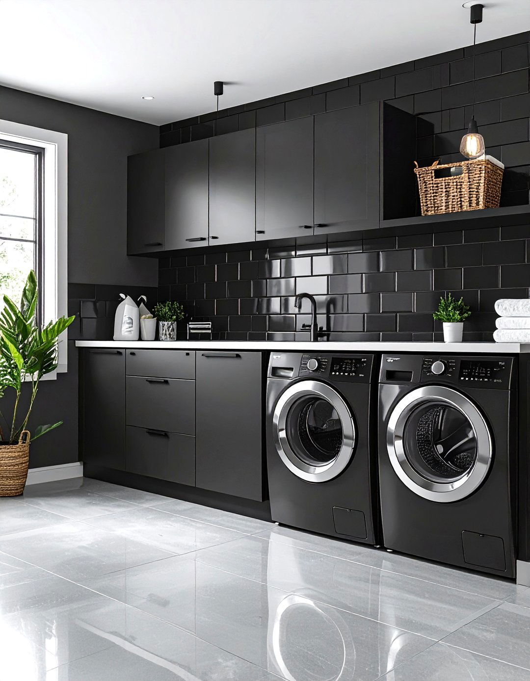 Bold Black Subway Laundry Room Backsplash - 20 Laundry Room Backsplash Ideas