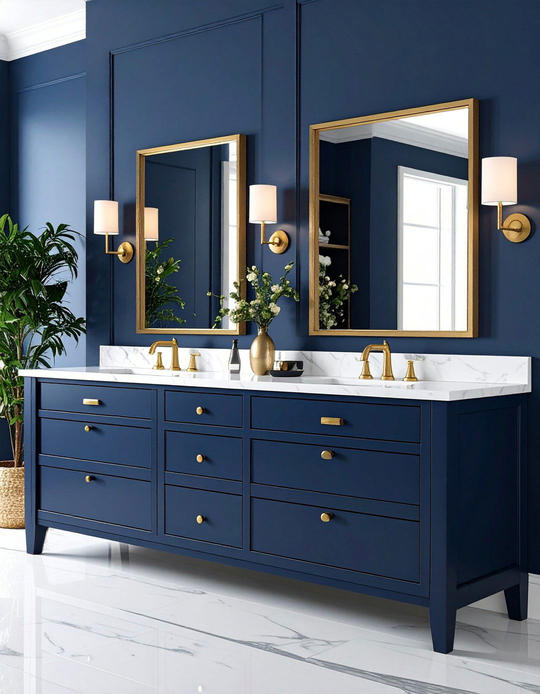 Bold Blue Vanity Cabinets with Gold Hardware - 20 Blue and Gold Bathroom Ideas