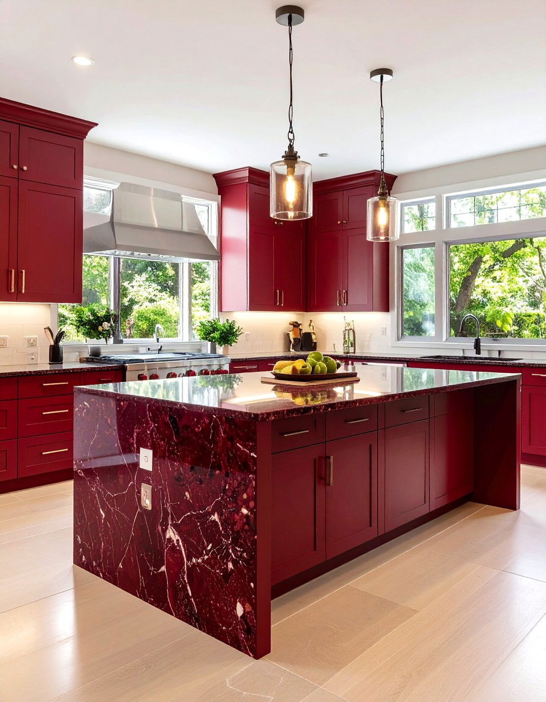 Bold Burgundy Granite Waterfall Kitchen Island with Rich Depth - 20 Waterfall Kitchen Island Ideas