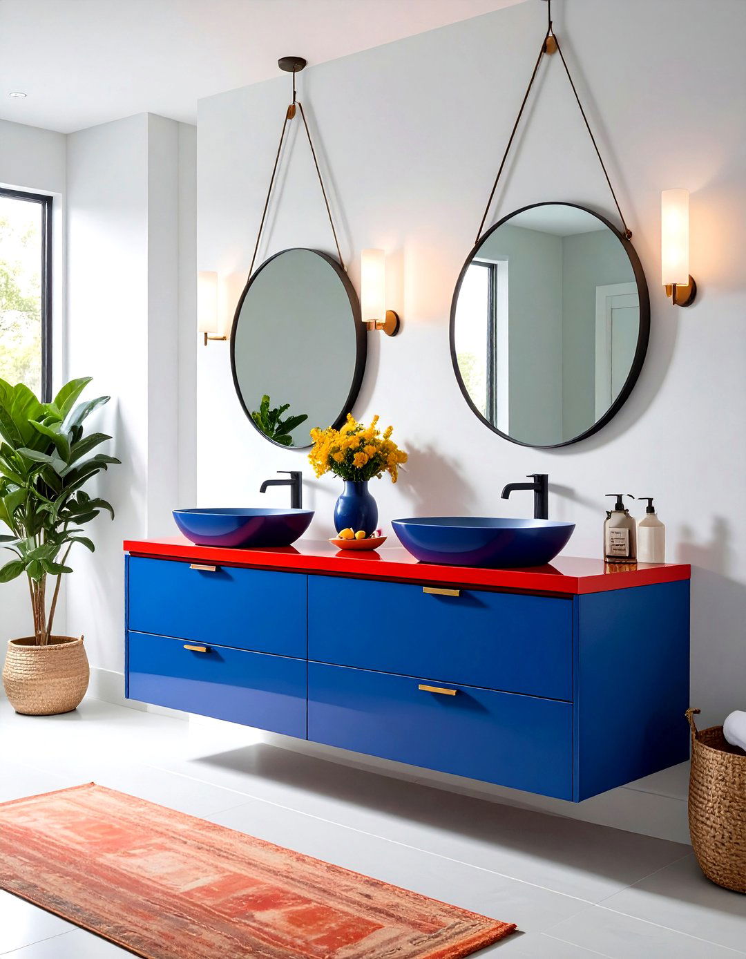 Bold Color Floating Vanity Energizes the Powder Room - 20 Floating Vanity Bathroom Ideas