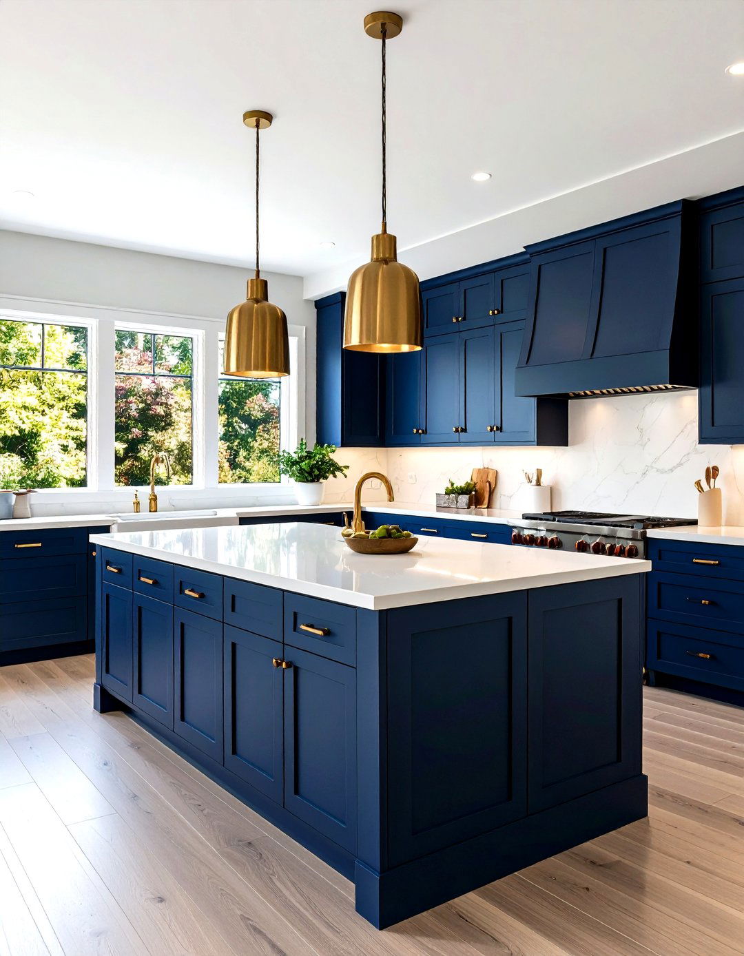 Bold Contrast Off white Cabinets around a Navy Island - 25 Off-white Kitchen Cabinets