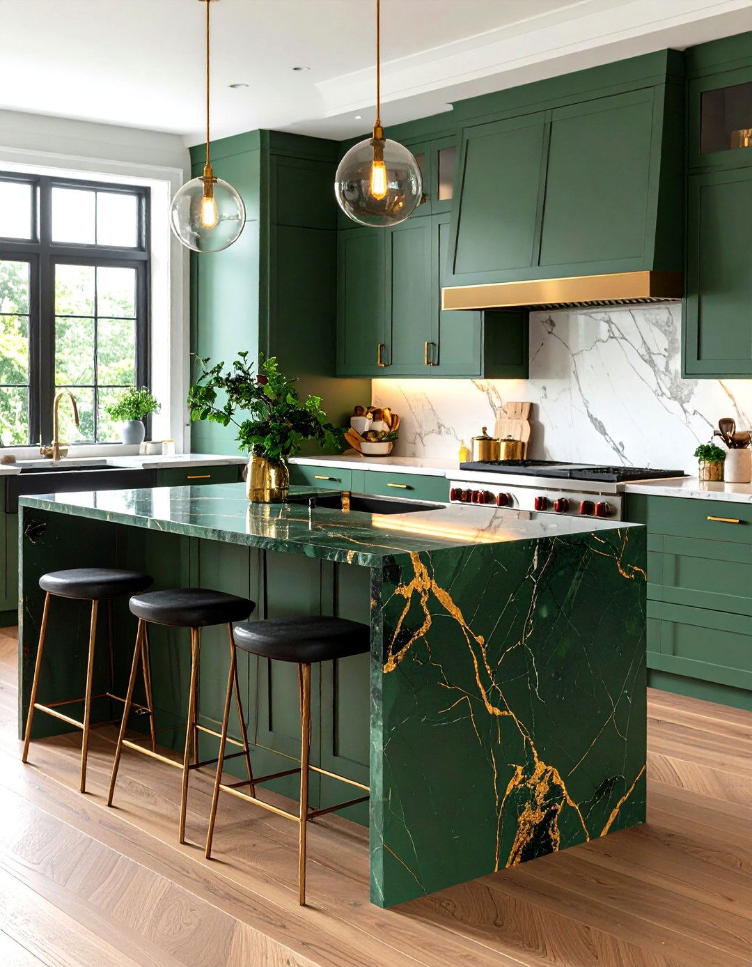 Bold Countertop Veining - 20 Sage Green Kitchen Island Ideas