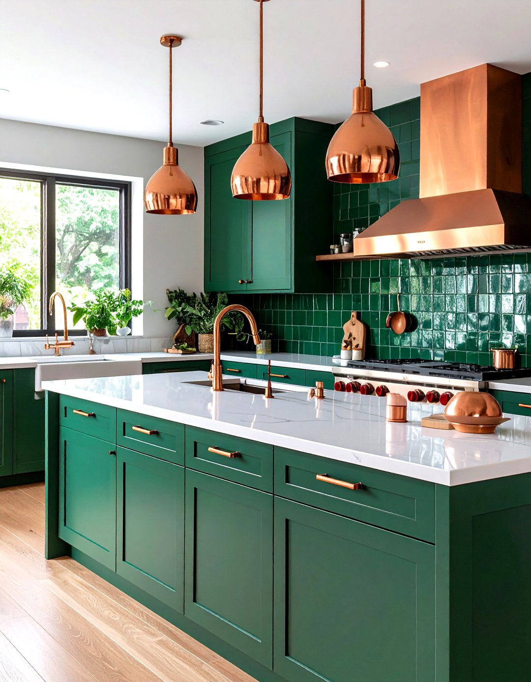 Bold Emerald Green Kitchen Backsplash with Copper Accents - 20 Green and Copper Kitchen Ideas