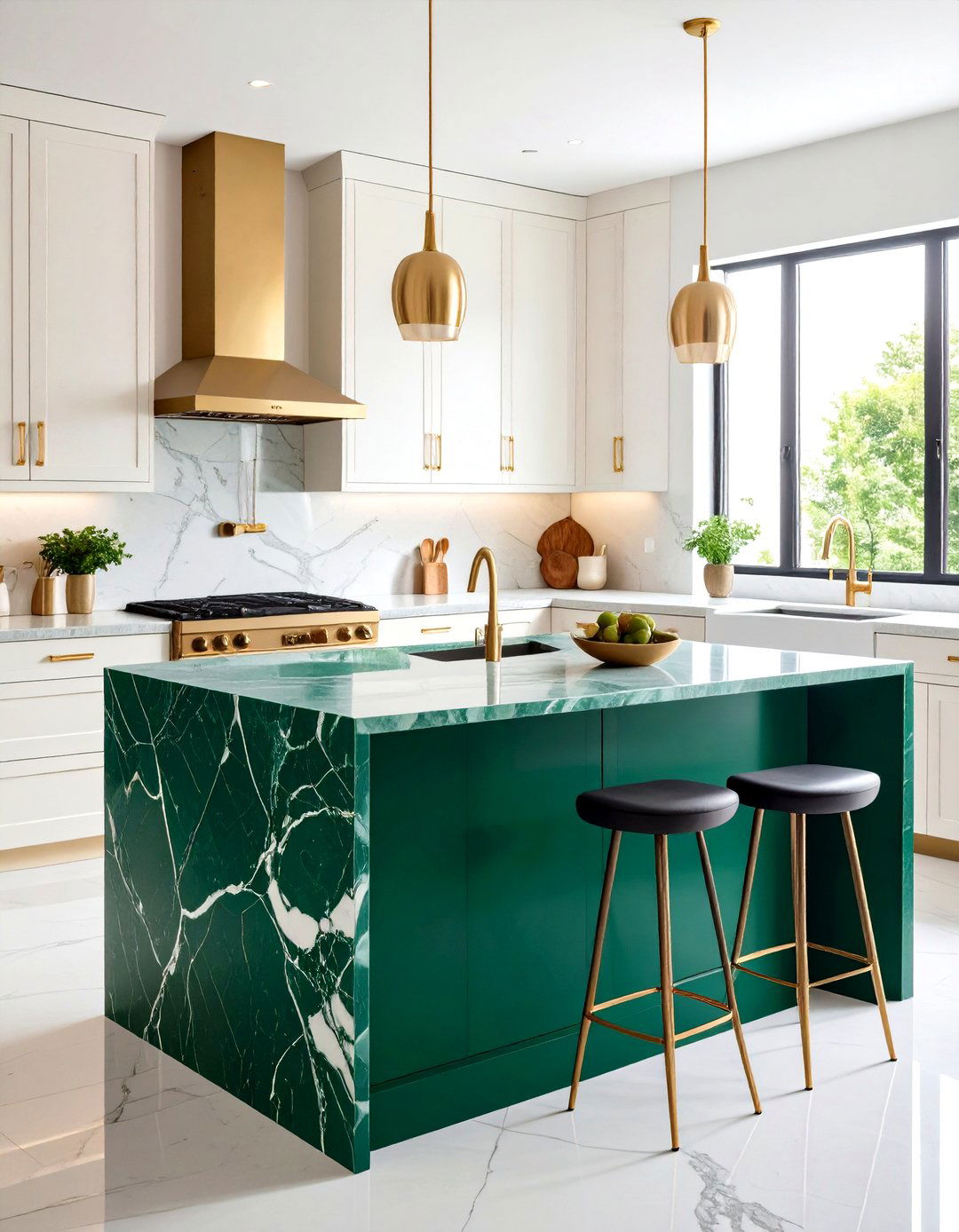 Bold Emerald Green Marble Waterfall Kitchen Island with Dramatic Color - 20 Waterfall Kitchen Island Ideas