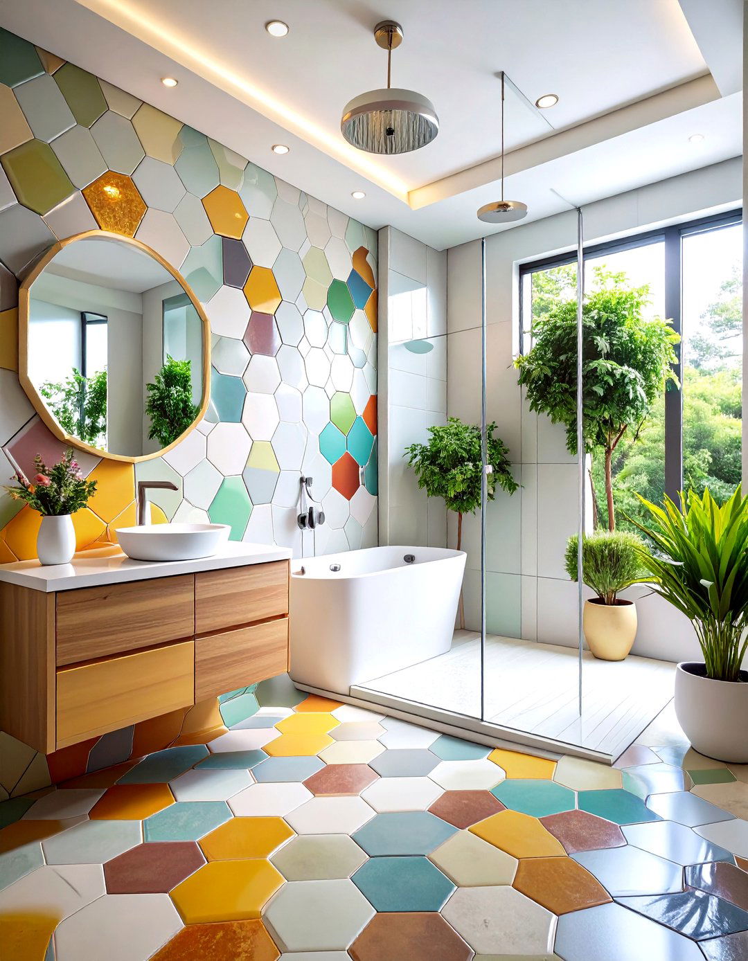 Bold Geometric Hexagon Tiles - 20 Walk-in Shower Tile Ideas
