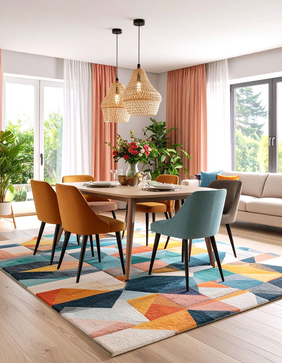 Bold Geometric Patterned Carpeted Dining Room for Modern Appeal - 20 Carpeted Dining Room Ideas