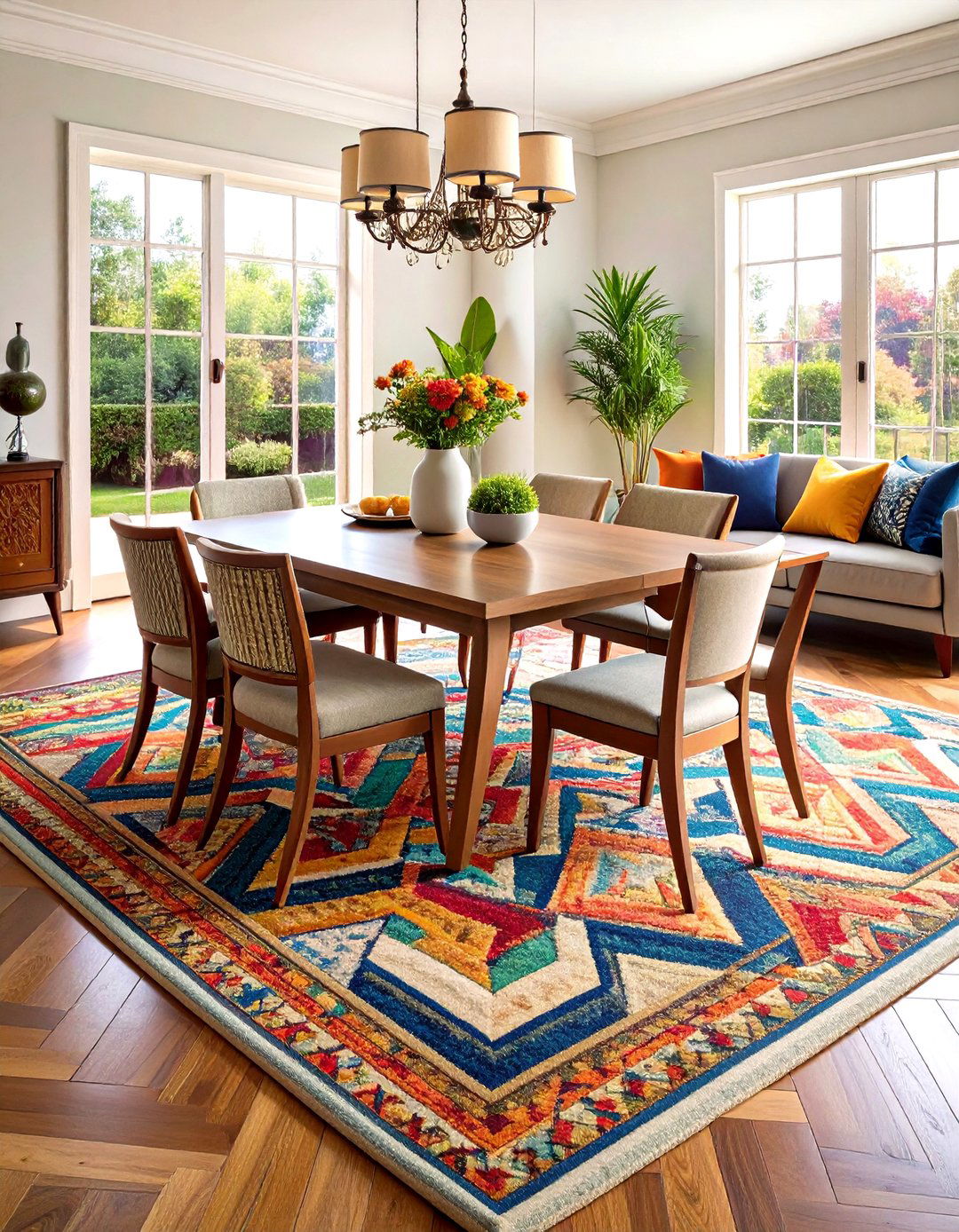 Bold Geometric Rug Grounds the Room - 25 Art Deco Dining Room Ideas