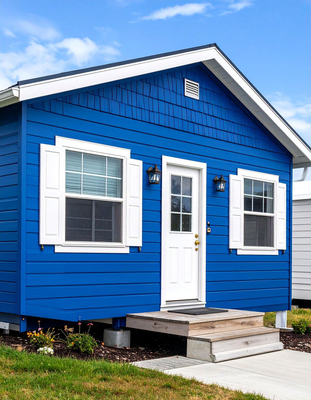Bold Navy Mobile Home Siding with White Trim - 20 Mobile Home Siding Design Ideas
