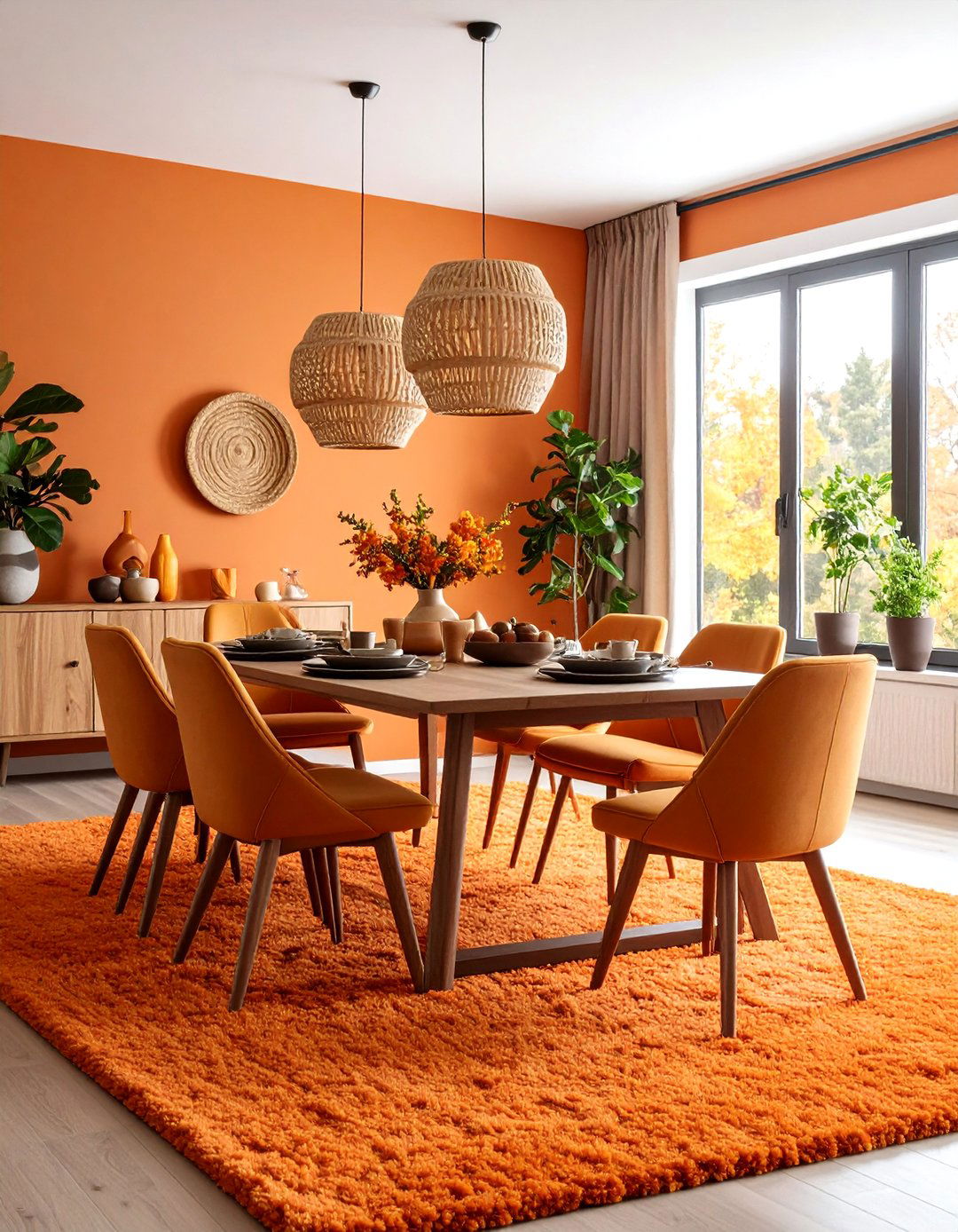 Bold Orange Carpeted Dining Room with Energetic Warmth - 20 Carpeted Dining Room Ideas