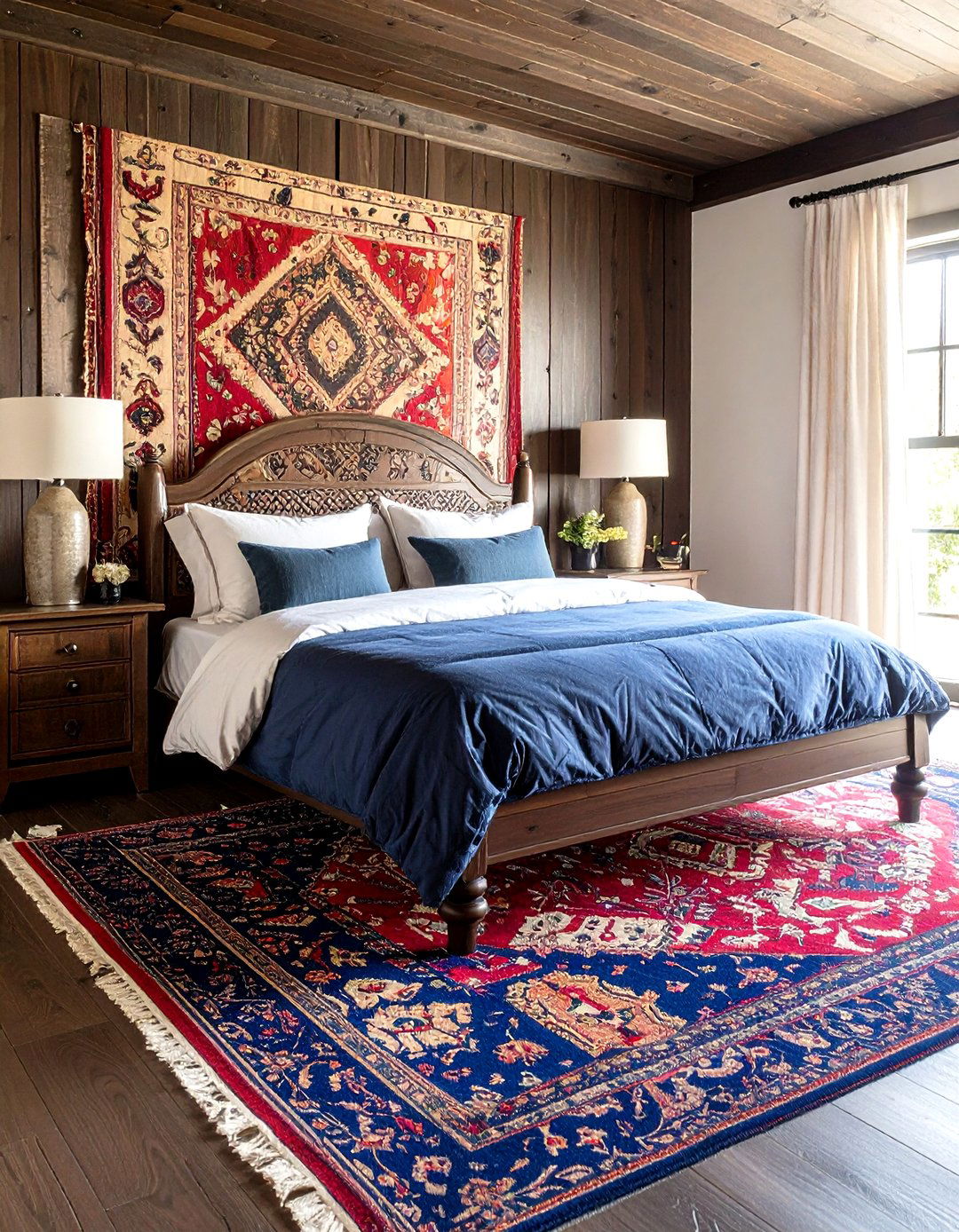 Bold Patterned Textiles Energize a Dark Wood Bedroom - 20 Dark Wood Bedroom Ideas