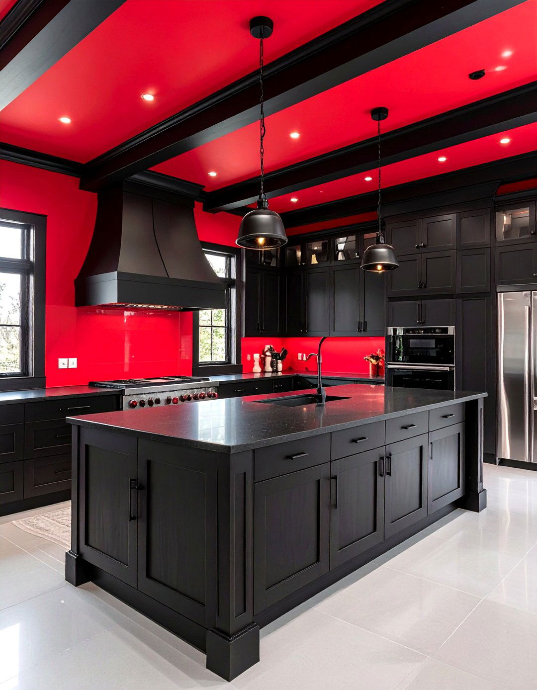 Bold Red Ceiling over a Black Kitchen - 20 red and black kitchen ideas