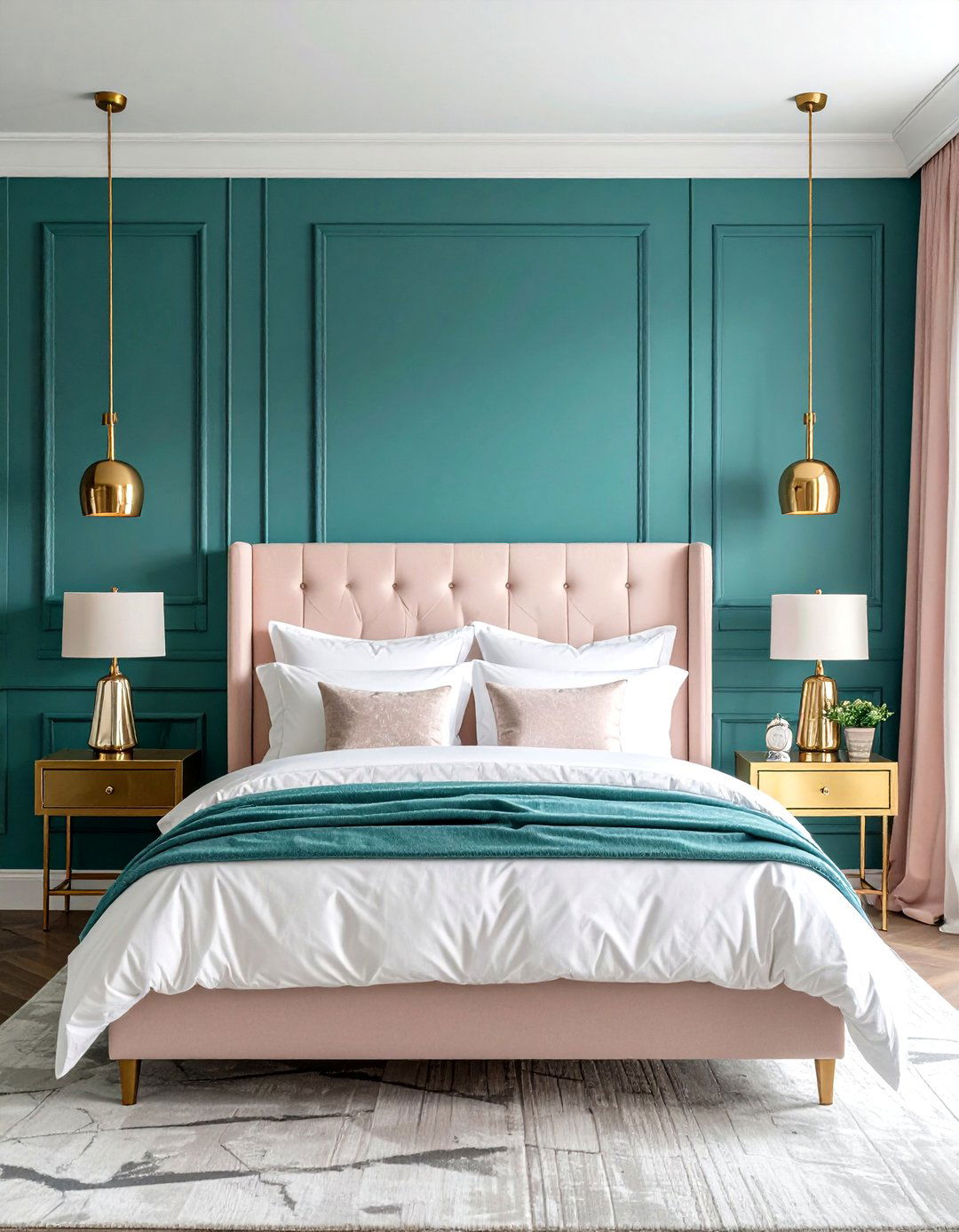 Bold Teal Accent Wall with Pink Trim - 20 Teal and Pink Bedroom Ideas