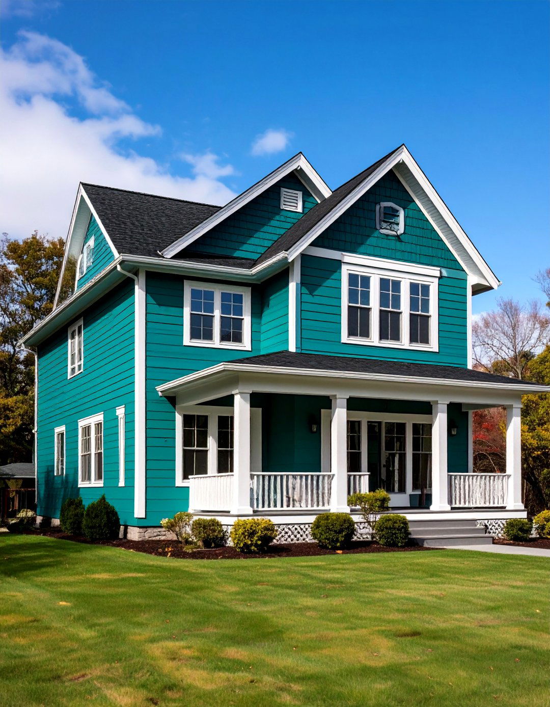 Bold Teal Facade with Crisp White Trim - 20 Teal House Exterior Ideas