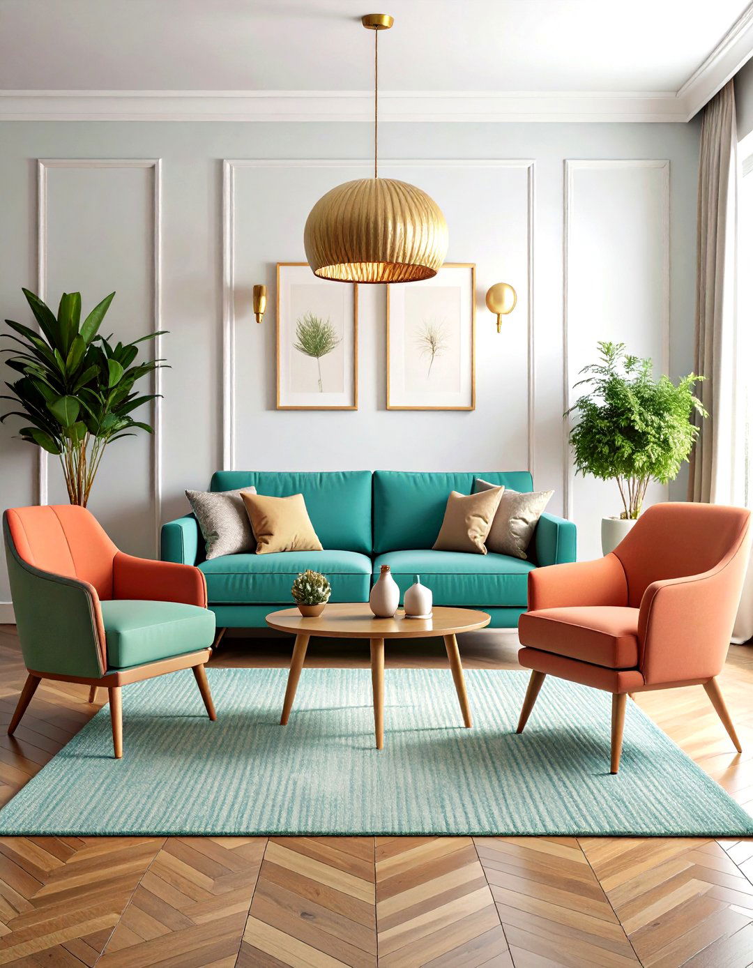 Bold Turquoise and Coral Mid Century Modern Living Room - 20 Mid-Century Modern Living Room Ideas