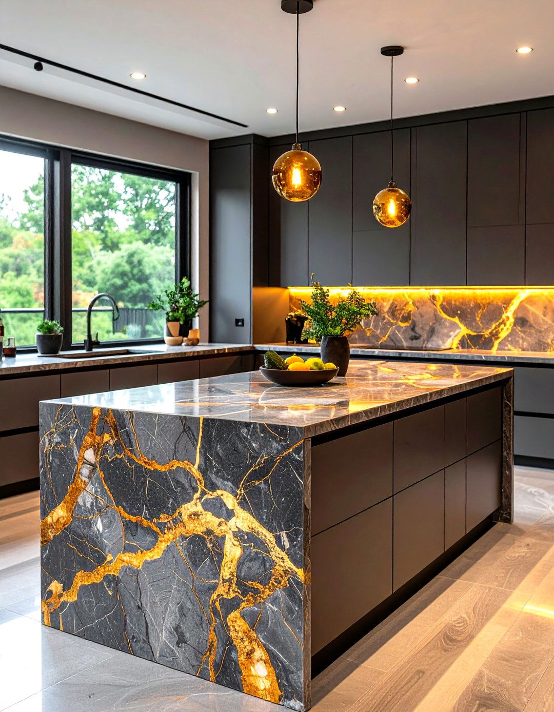 Bold Veined Granite Becomes the Artwork - 20 Granite Kitchen Countertop Ideas