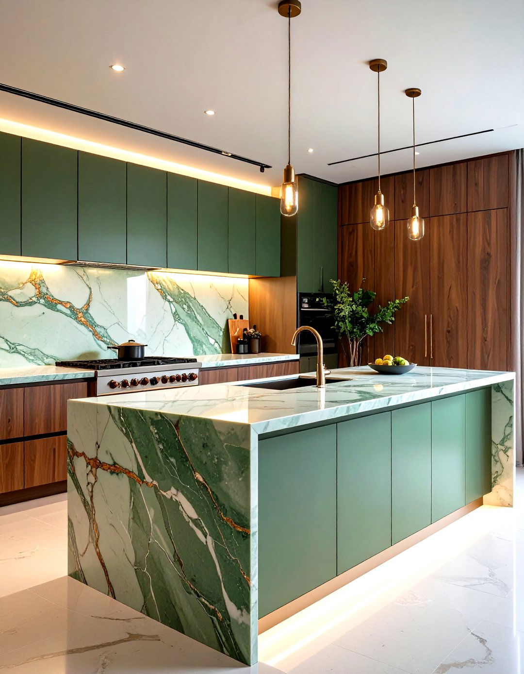 Book Matched Rainforest Green Slab Feature - 20 Green Marble Countertop Design Ideas