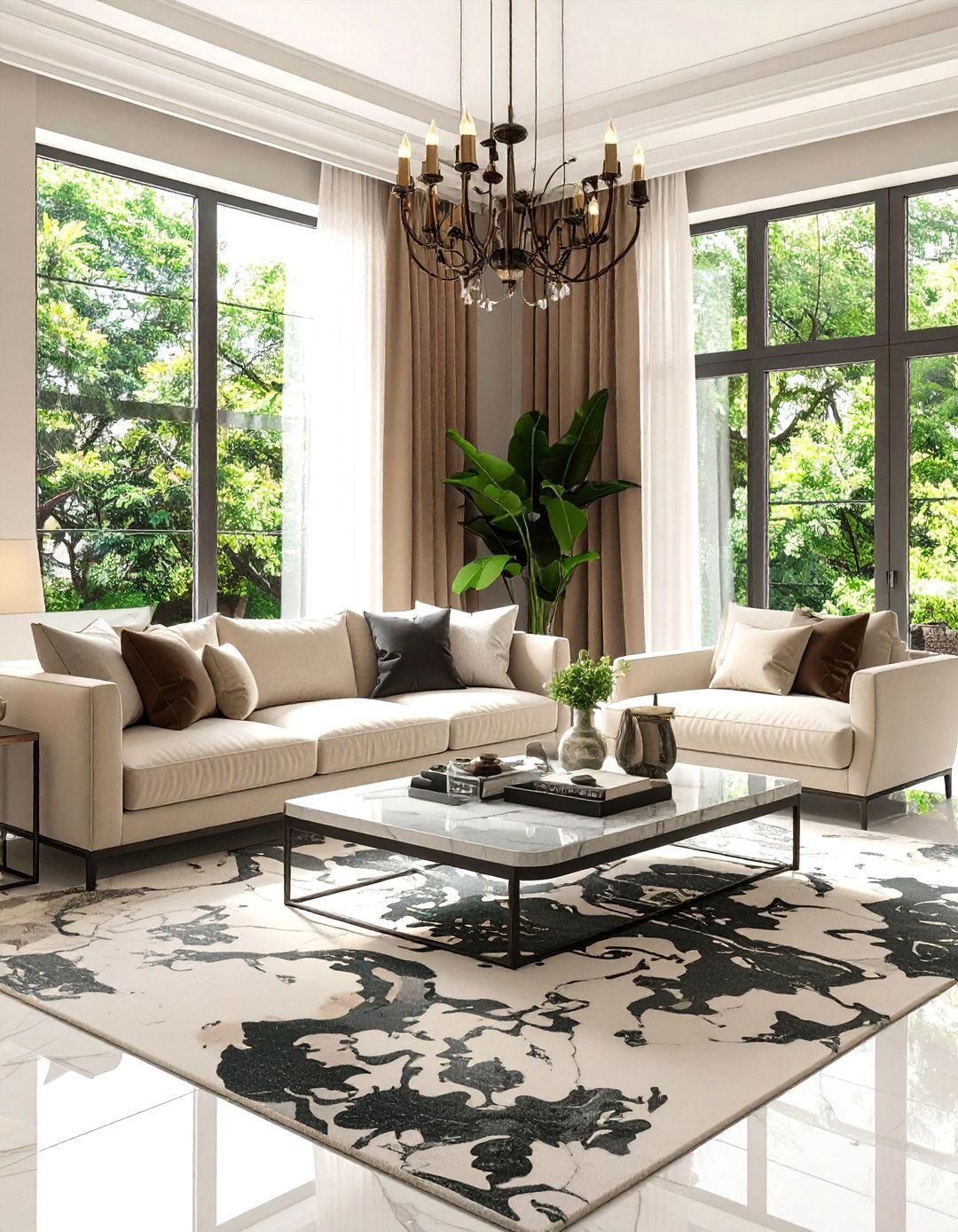Bookmatched Arabescato Showcase - 20 Marble Floor Living Room Ideas