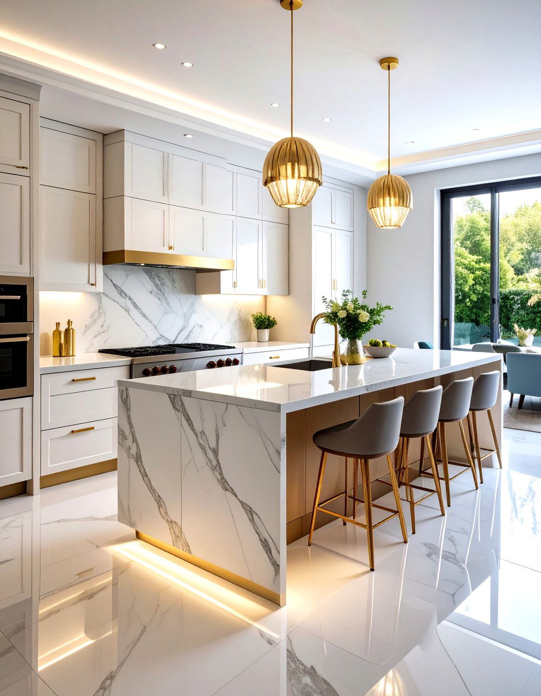 Bookmatched Vein Marble Kitchen Floor - 20 Marble Kitchen Floor Ideas