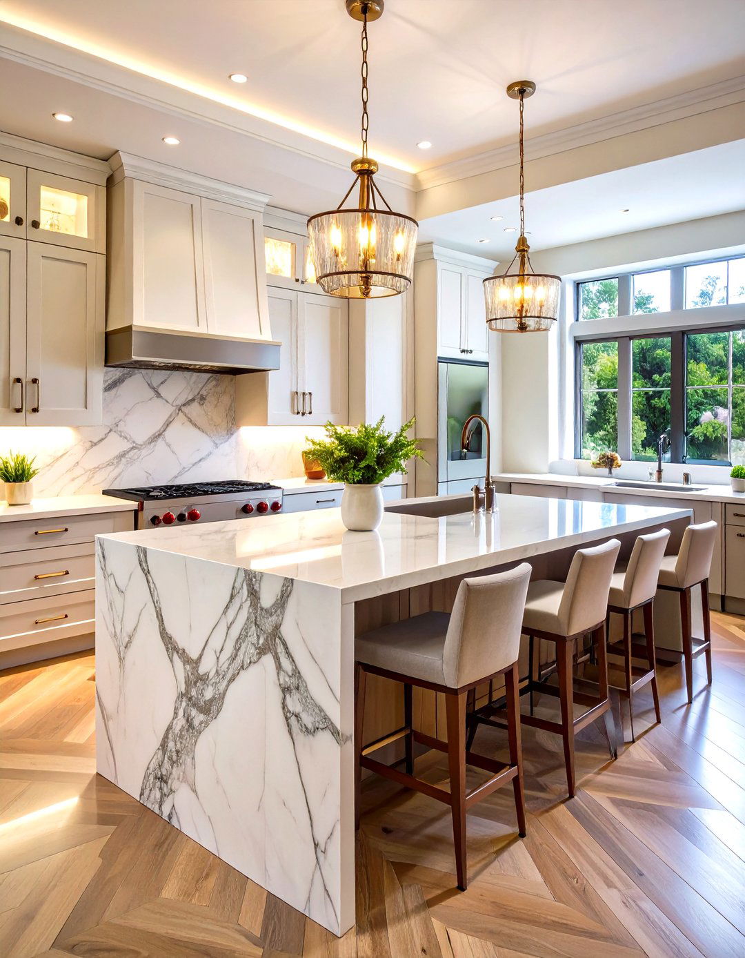 Bookmatched Veining Marble Kitchen Island - 20 Marble Kitchen Island Ideas