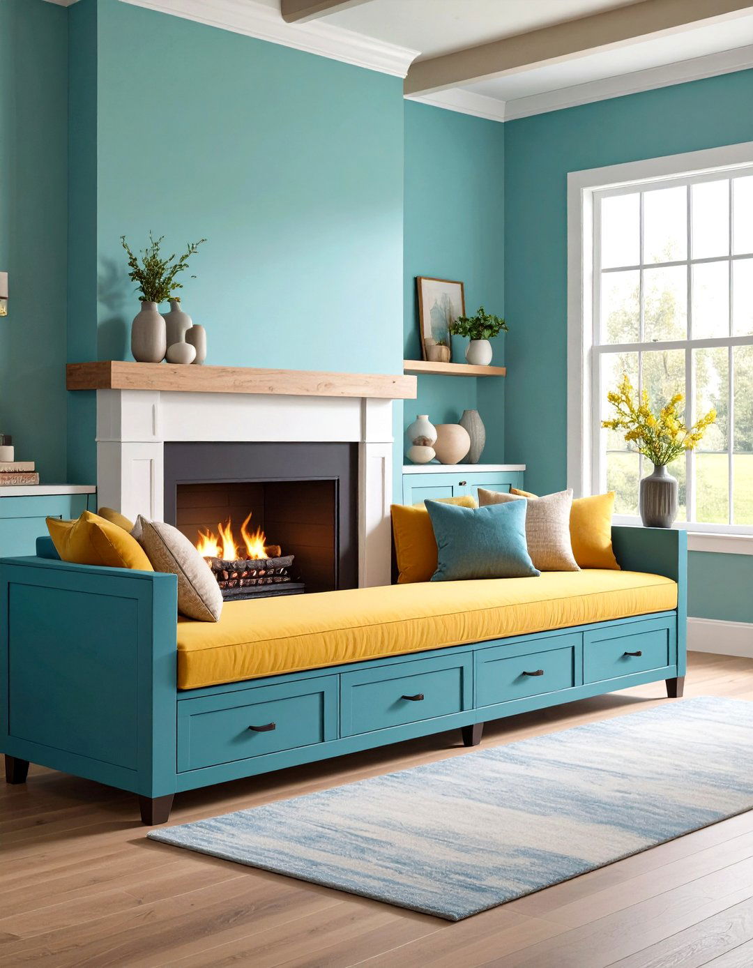 Bookshelf Bridging Fireplace Bench Under a Window Seat - 20 Fireplace Bench Ideas