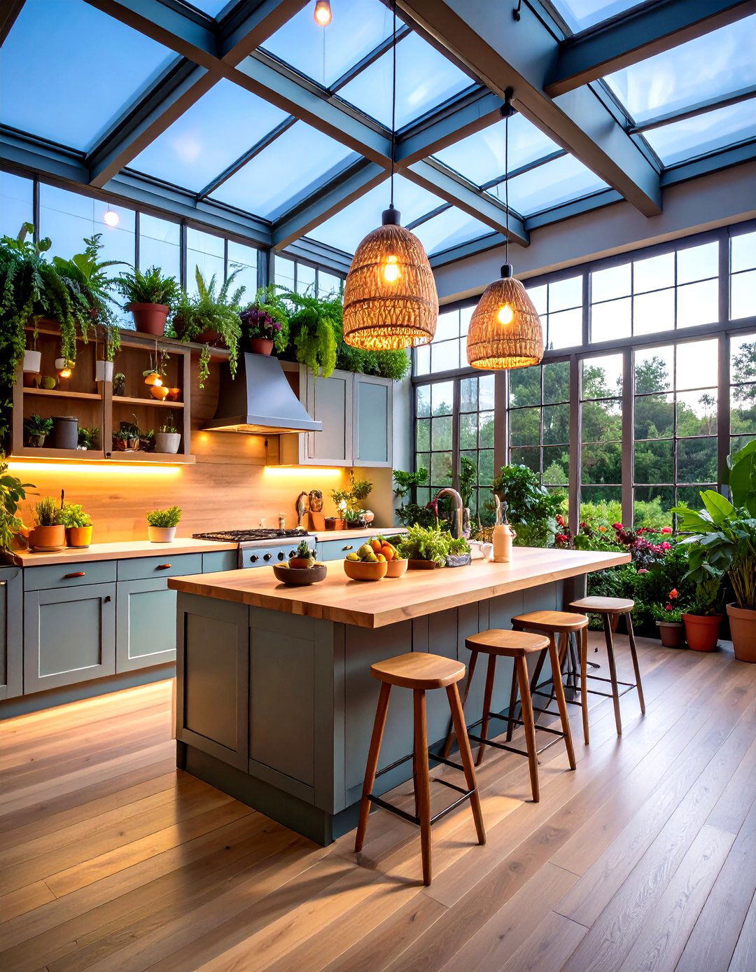 Botanical Accent Lighting in a Greenhouse Kitchen - 20 Greenhouse Kitchen Design Ideas