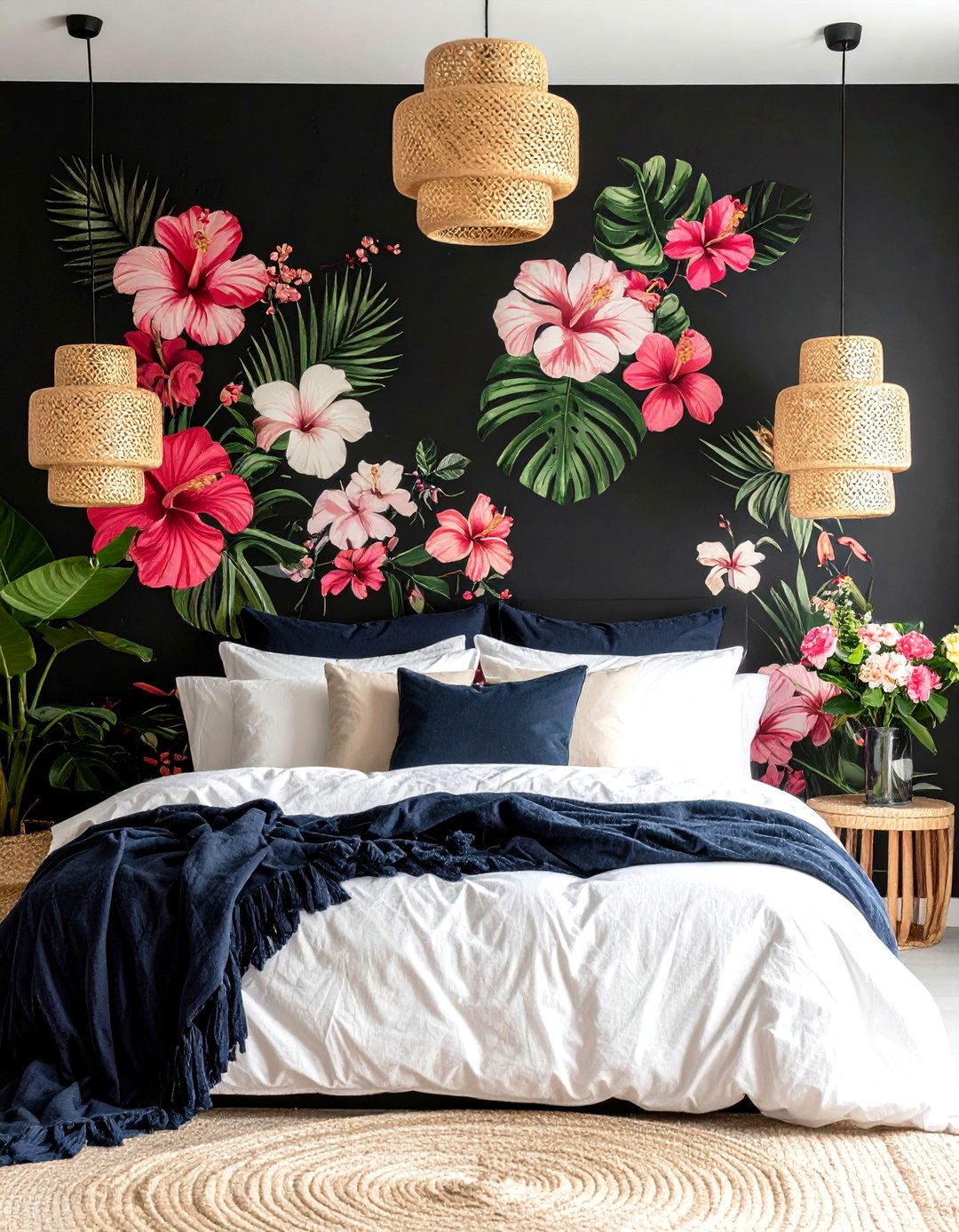 Botanical Black Accent Wall with Peel and Stick Mural - 20 Black Accent Wall Ideas