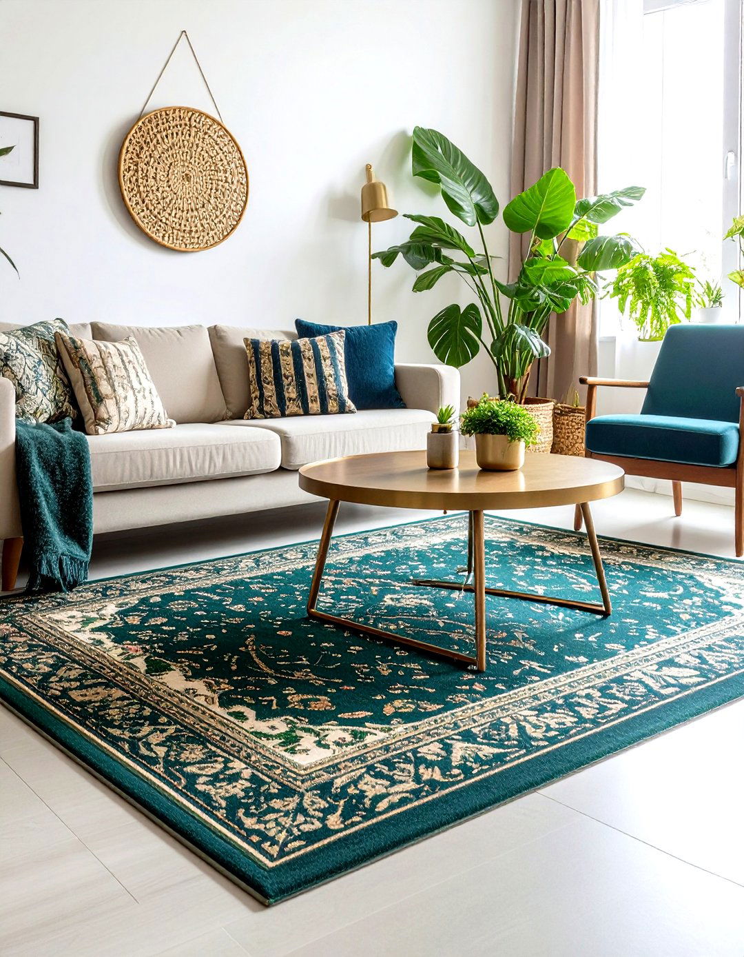 Botanical Emerald Rug Anchored by Gold Legs - 20 Emerald Green and Gold Living Room Ideas