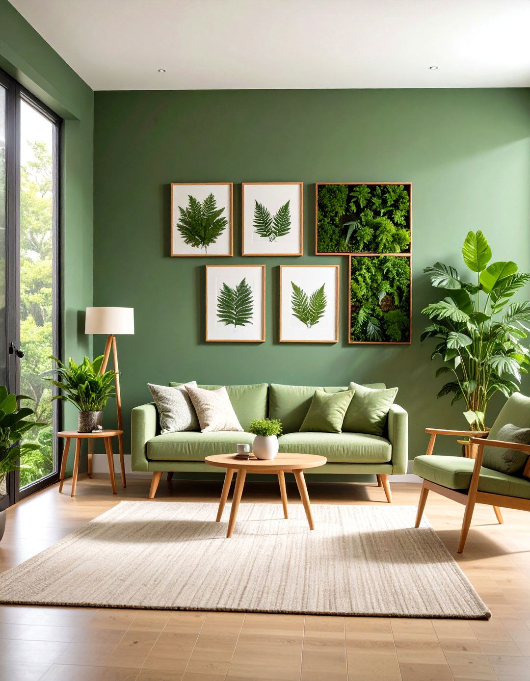 Botanical Gallery Wall on a Forest Green Backdrop - 20 Dark Green Living Room Ideas
