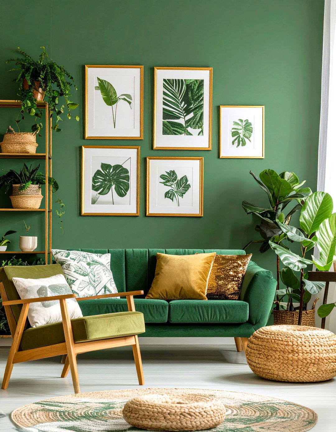 Botanical Gold Framed Living Room Artwork on Green Backdrop - 20 Green and Gold Living Room Ideas