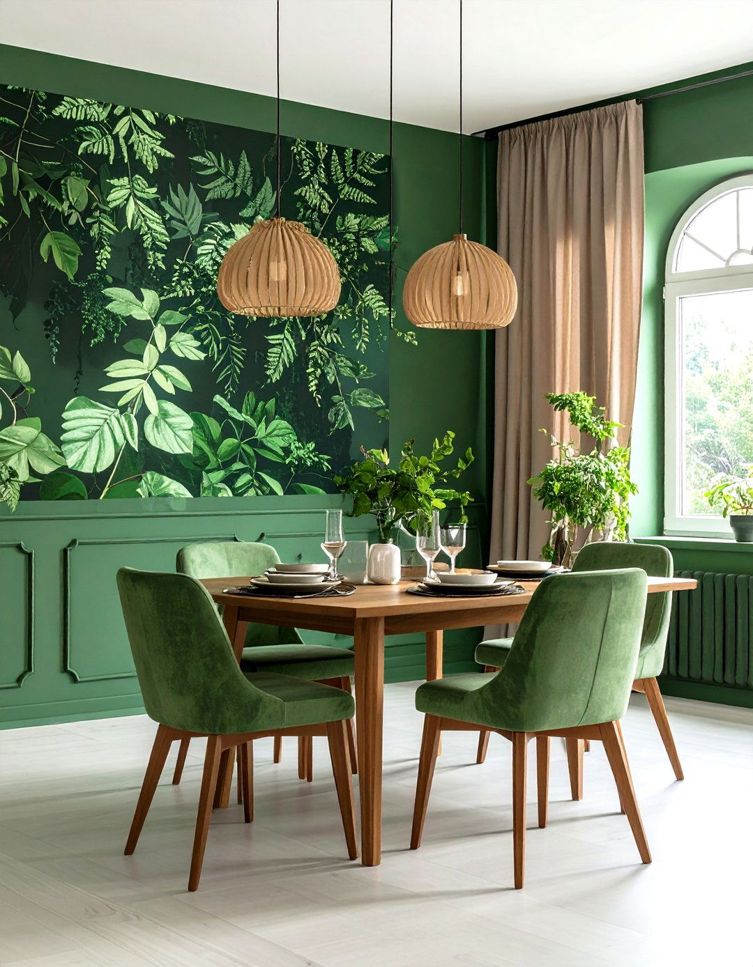 Botanical Green Dining Room Wallpaper for Depth - 20 Green Dining Room Ideas