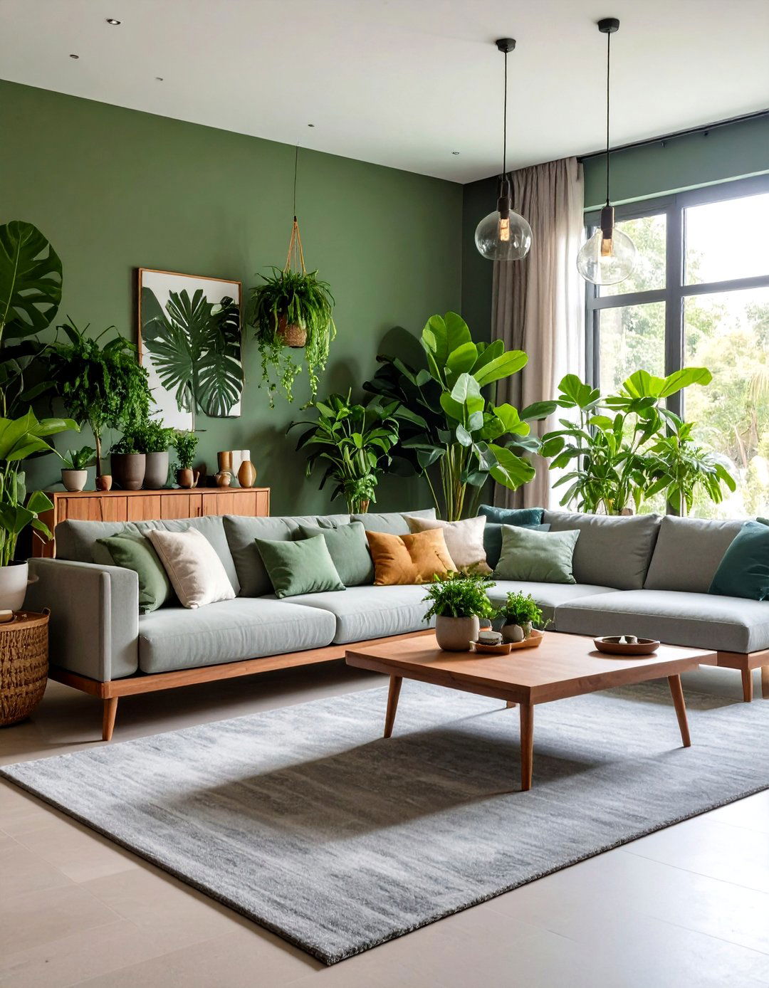 Botanical Greens over Grey Carpet - 20 grey carpet living room ideas