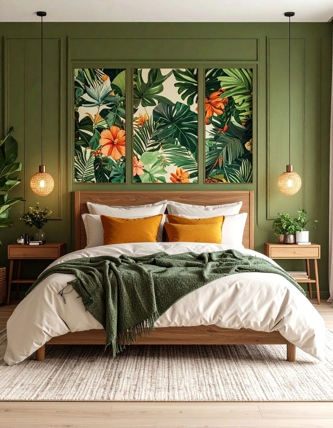 Botanical Inset within Olive Panelling - 20 Green Panelling Bedroom Ideas