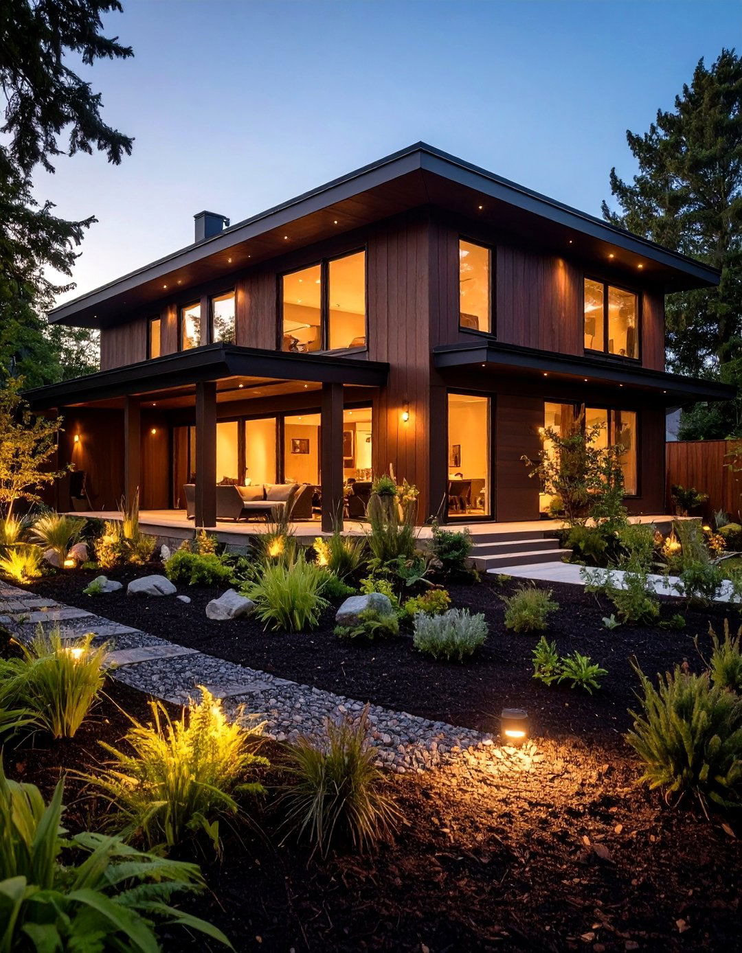 Botanical Landscaping Softens a Dark Brown House Exterior - 20 Dark Brown House Exterior Ideas