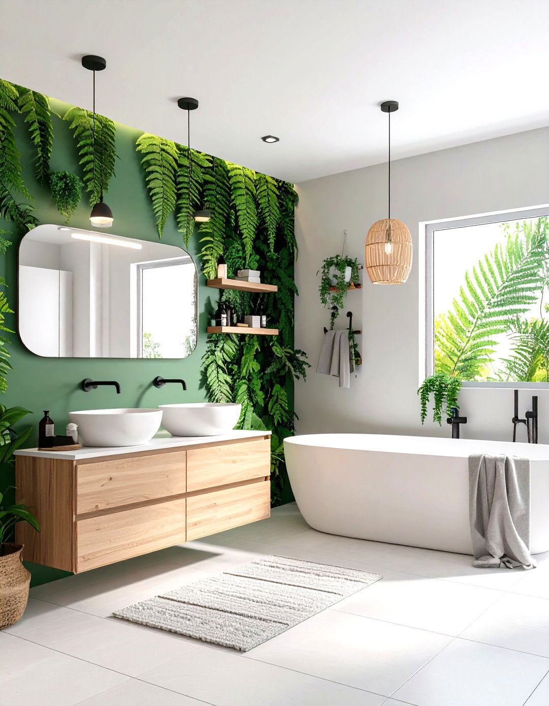 Botanical Mural over Concrete Gray Microcement - 20 Green and Grey Bathroom Ideas