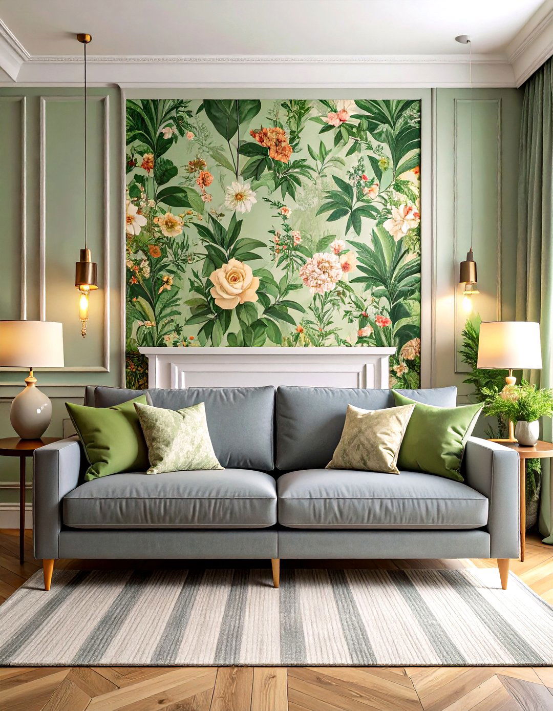 Botanical Print Wallpaper as Living Artwork - 20 Green and Grey Living Room Ideas