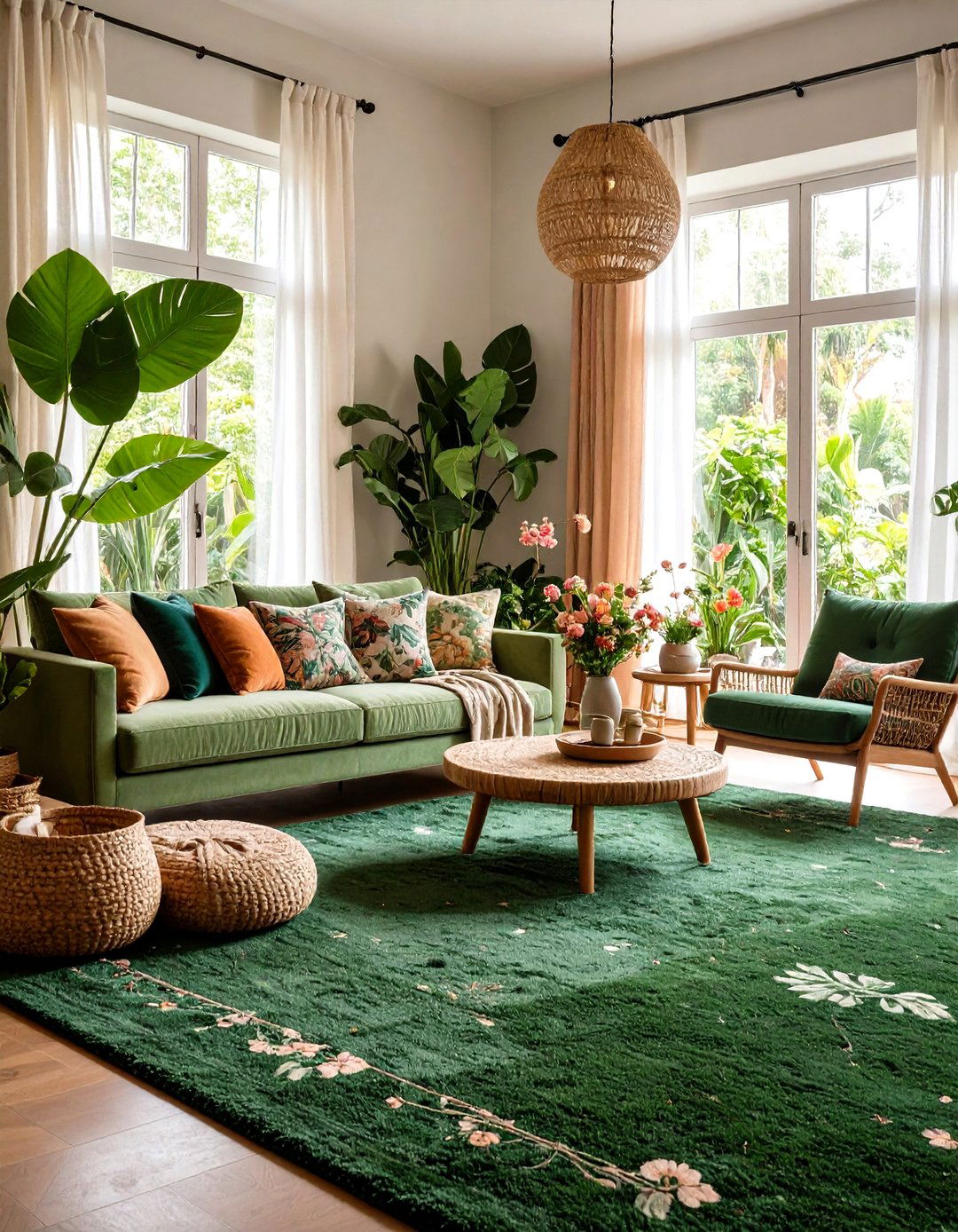 Botanical Prints atop a Green Carpet Foundation - 20 Green Carpet Living Room Ideas