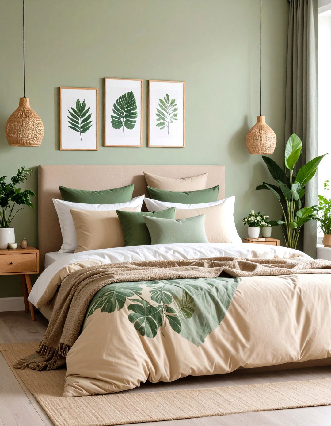 Botanical Prints in Green and Beige Bedroom Decor - 20 Green and Beige Bedroom Ideas