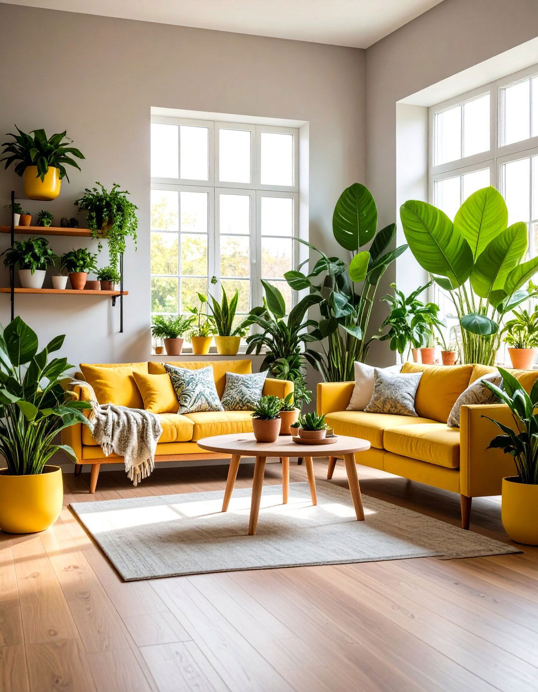 Botanical Touches Bring Life to a Grey and Yellow Living Room - 20 Grey and Yellow Living Room Ideas