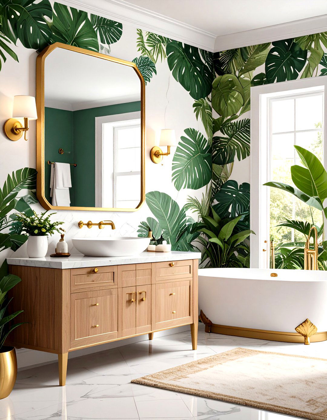 Botanical Wallpaper Bathroom with Gilded Mirrors - 20 Green and Gold Bathroom Ideas