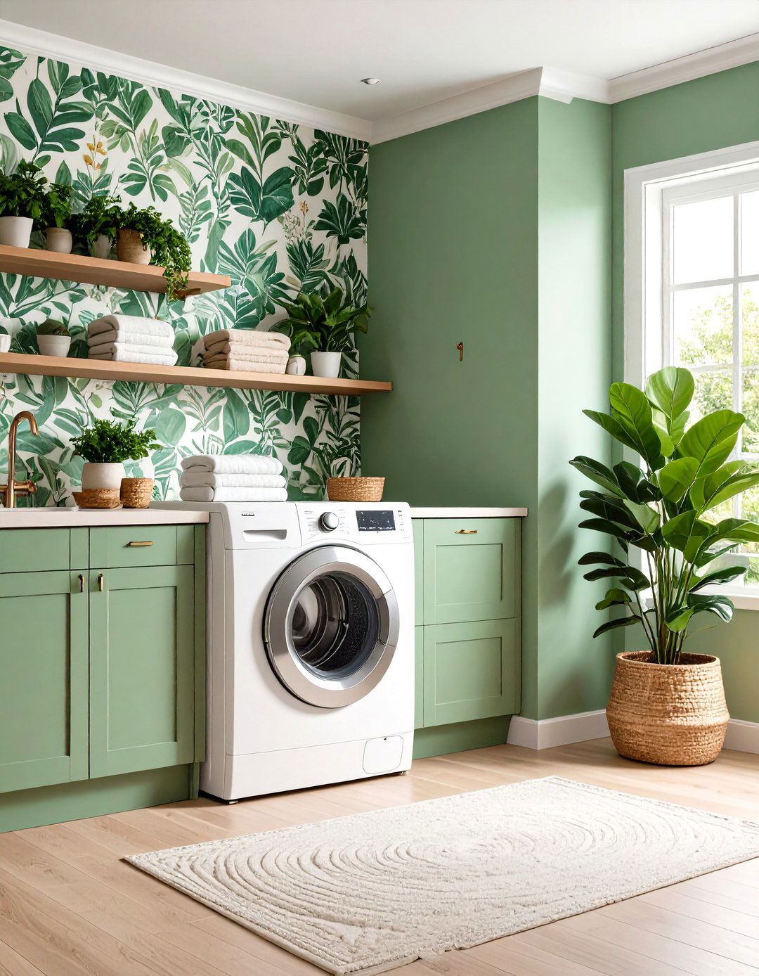 Botanical Wallpaper Brings the Outdoors In - 20 Green Laundry Room Ideas