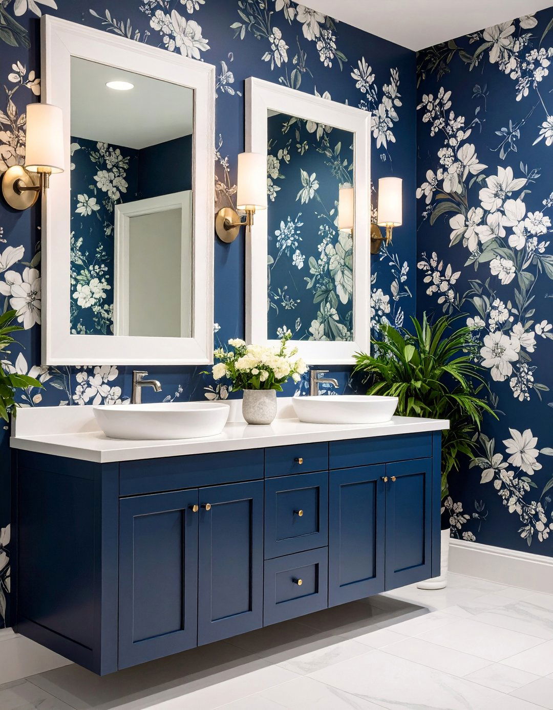 Botanical Wallpaper Powder Room - 20 Blue and White Bathroom Ideas
