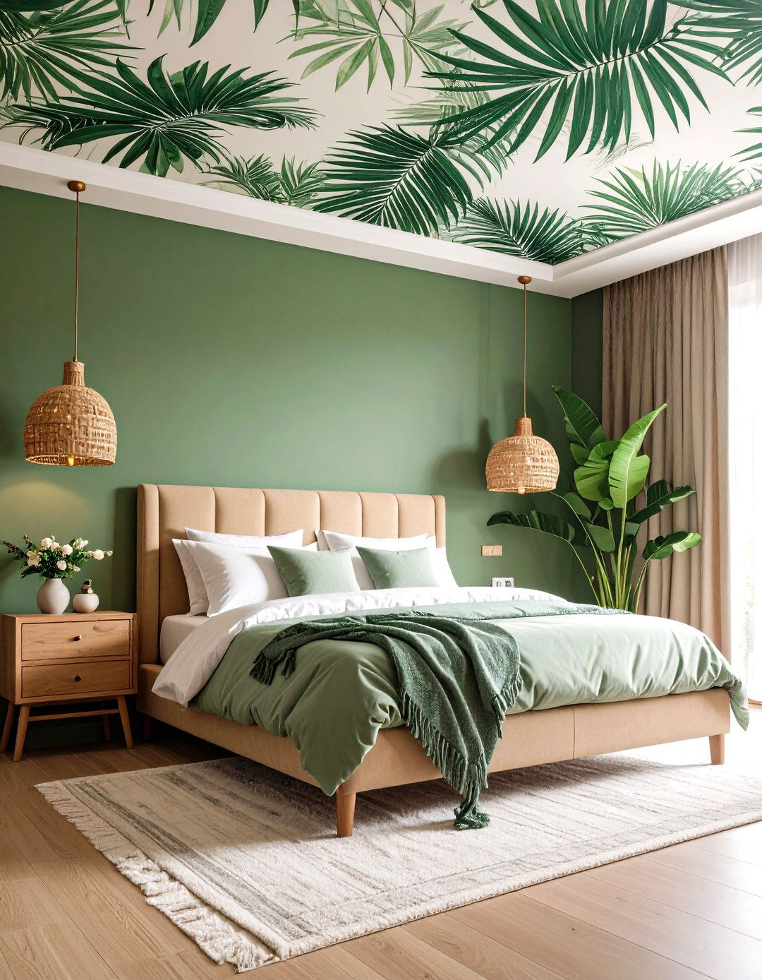 Botanical Wallpaper on the Ceiling - 20 Green Boho Bedroom Ideas