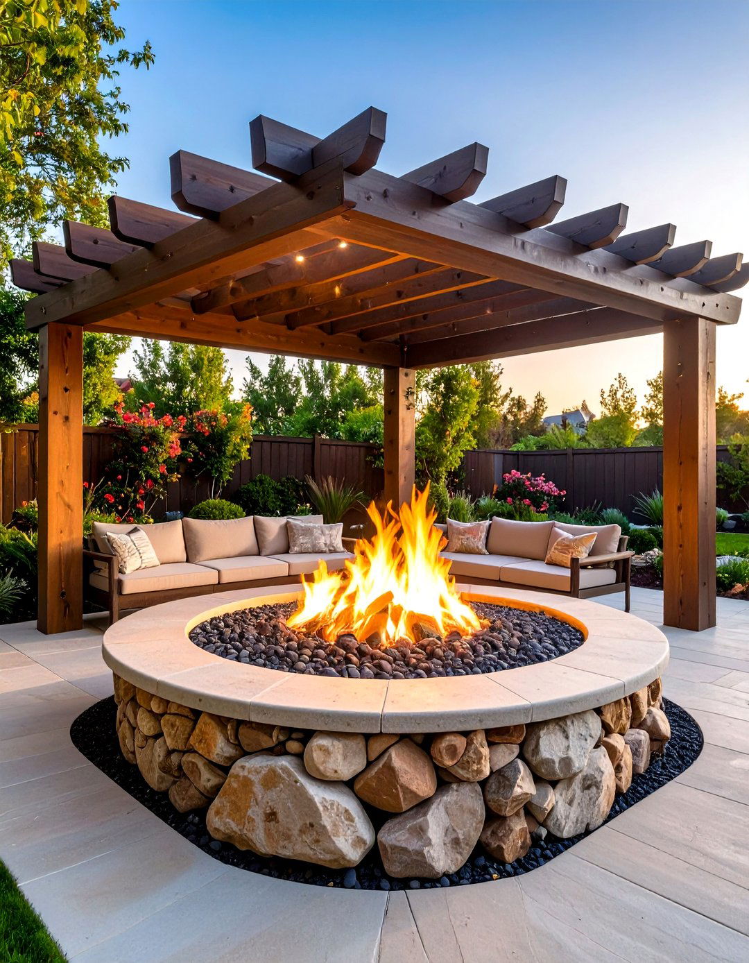 Boulder Fire Pit with Pergola Canopy - 20 Boulder Fire Pit Ideas