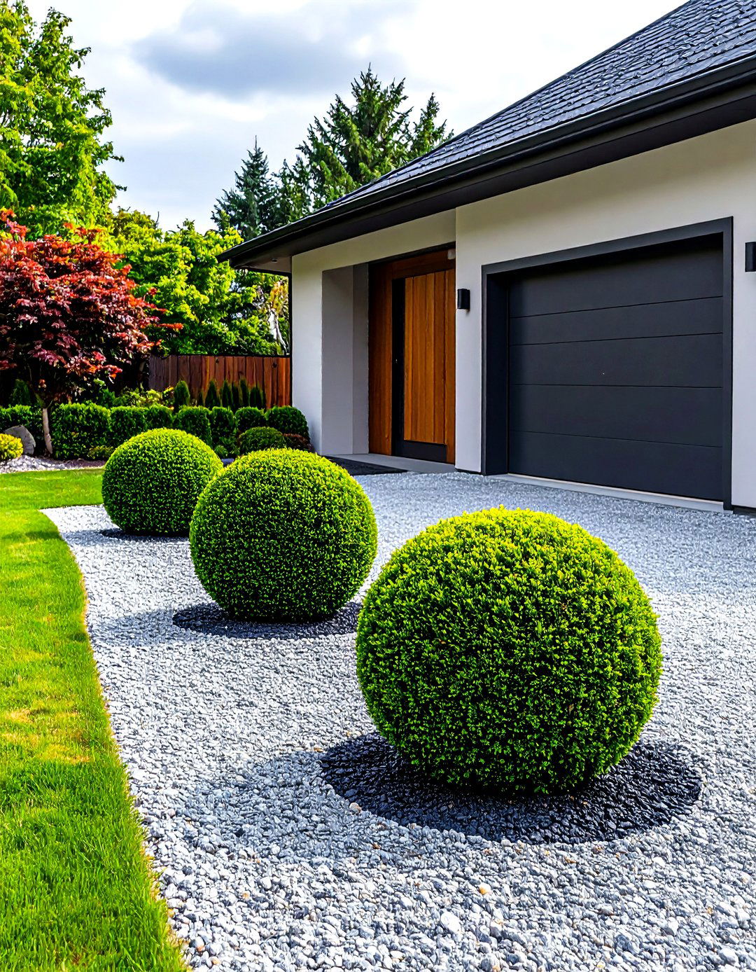 Boxwood Ball Trio Along the Drive - 20 Front Yard Boxwood Designs