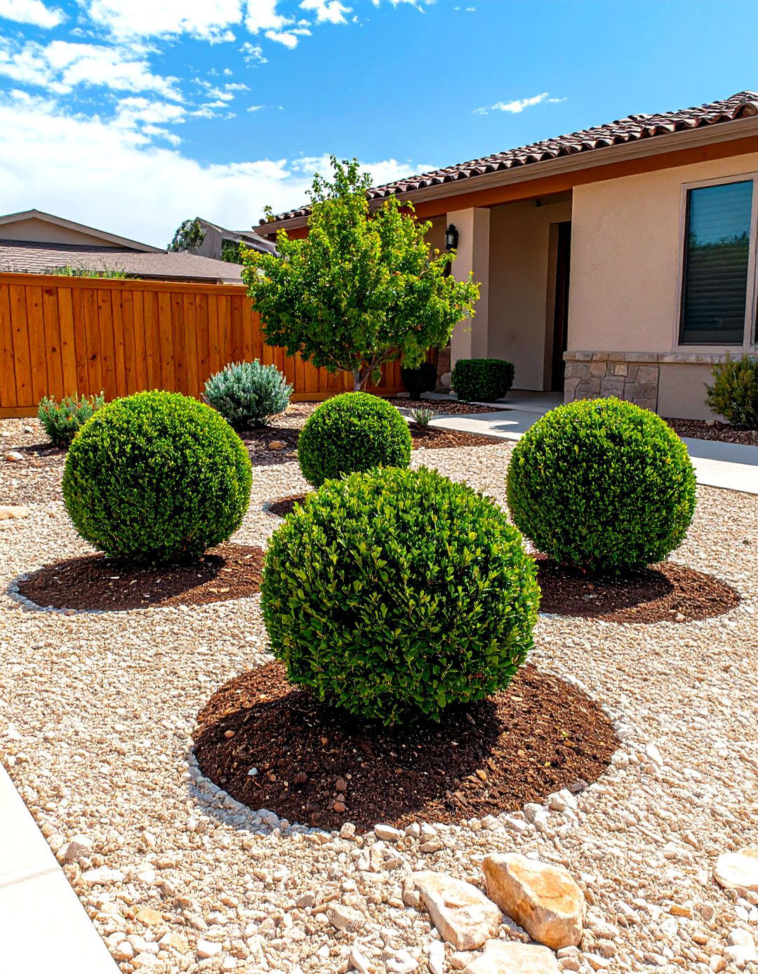 Boxwood Islands in Rock Mulch Yard - 20 Front Yard Boxwood Designs