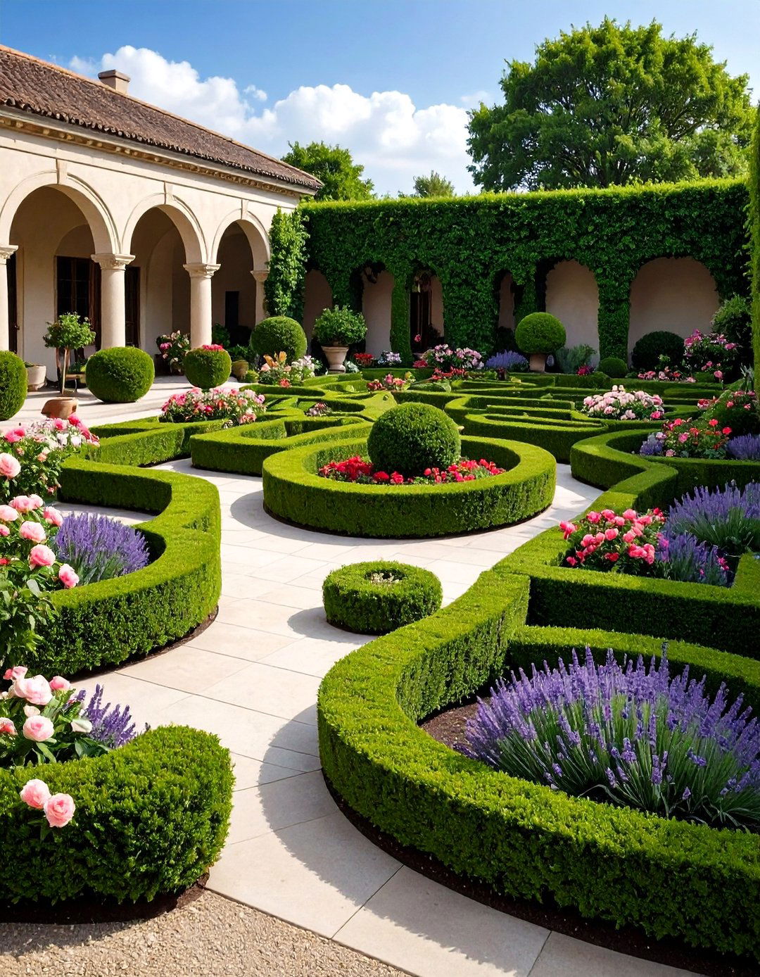 Boxwood Knot Garden with Seasonal Color - 20 Front Yard Boxwood Designs