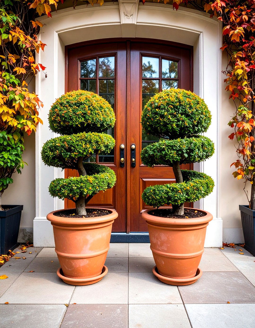 Boxwood Spiral Pair in Pots - 20 Front Yard Boxwood Designs