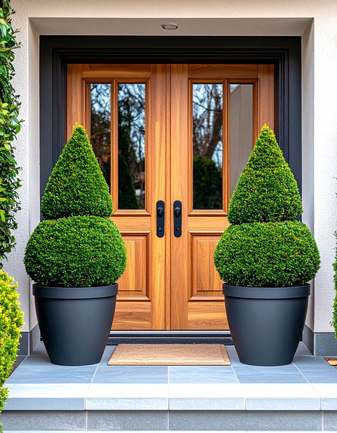 Boxwood Topiary Cones Guiding the Door - 20 Front Yard Boxwood Designs