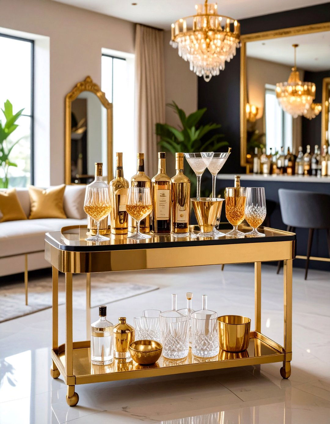 Brass Bar Cart Living Room Setup - 20 1980s Living Room Ideas