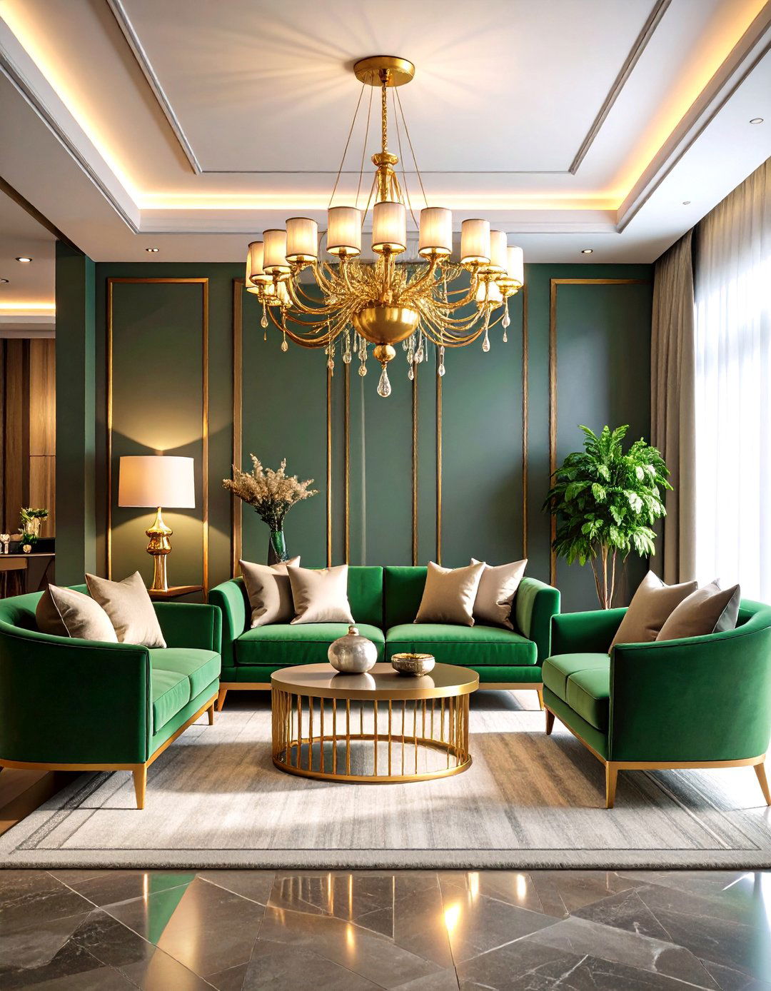 Brass Chandelier Centerpiece for a Green and Gold Living Room - 20 Green and Gold Living Room Ideas